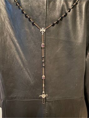 Rosary Style Cross Necklace with Black Beads and Purple Accents